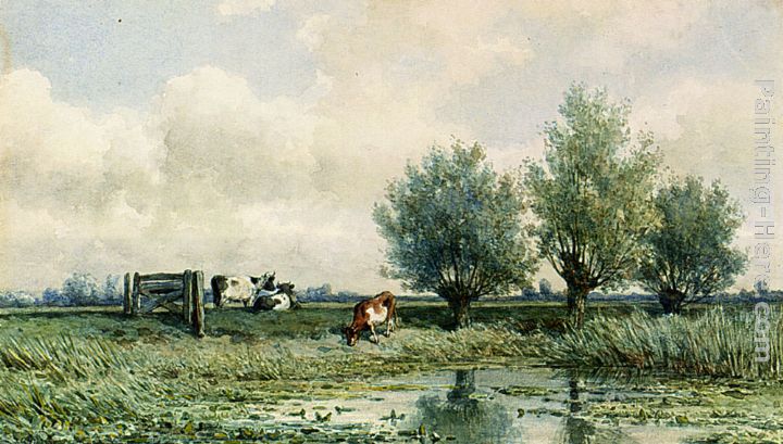 A Summer Landscape With Grazing Cows painting - Willem Roelofs A Summer Landscape With Grazing Cows art painting